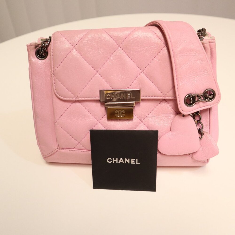 Chanel Pink Quilted Leather Handbag With Chain Strap & Heart Charms